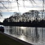A river with sunlight reflecting in it, with bare trees.