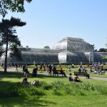 A large greenhouse, with arched roofs, sits in parkland. The park is busy, with people milling around, sitting on benches. The view is framed by trees. A man with a white beard is in the foreground.