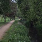 A narrow river running through a park, with a crushed rock path beside it, along which is planted a row of trees. The river is reedy, and the water dark brown. The place appears deserted.