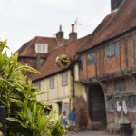 In focus in the foreground is a bush. The bulk of the picture is in soft focus, and consists of buildings along a street. One is half-timbered, with brick between the timbers, and a black and gold clock hanging from the side. The next building is painted cream. Both are two storeys with red roofs. A couple walk along the street.