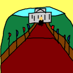A crude digital drawing of a view through a yellow arch up a red-paved road towards a grey building, a representation of Buckingham Palace. There are red and blue flags along the road, and in front of the palace is a gold thing on a black plinth. The surroundings are green.