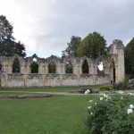 A ruined abbey, with wall only present up to around the top of the gothic window frames, viewed from the side. It sits in parkland; there are trees behind, and a grassy lawn in front, with a path across it. There are planted beds to the right.