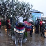 Two silver reindeer models, life-size, wearing frilly Christmassy neck ruffs, of multiple colours. They stand on wet paving stones, in front of some bushes and a blue chalet-style hut that says “Lola’s Cupcakes”. People are milling around.