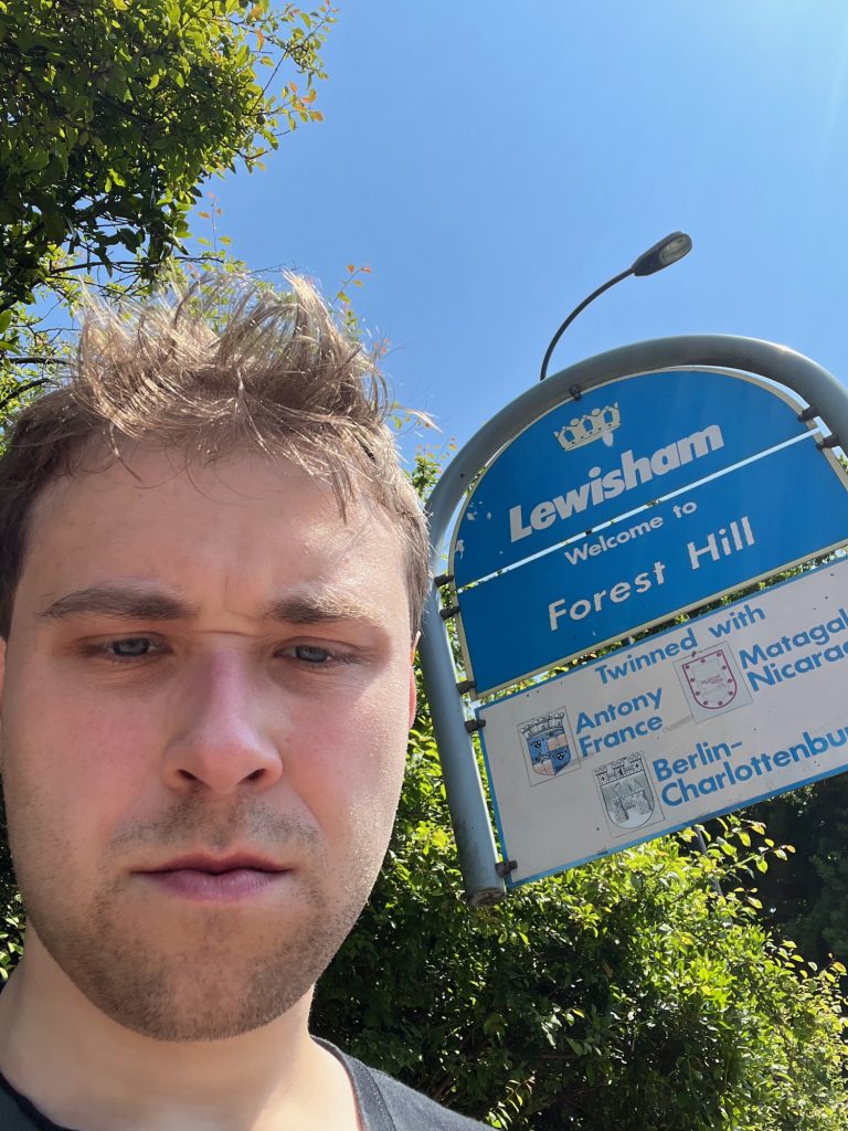 The blog's author scowling at the camera, hair a mess, in a selfie next to a sign reading "Lewisham. Welcome to Forest Hill. Twinned with: Antony, France; Matagal[pa], Nicaragua; Berlin–Charlottenbu[rg]." The word Lewisham has the borough logo above it, a yellow crown where the spikes are formed by people with outstretched arms, while the twin towns show their respective coats of arms to the left of their names. The sign is made up of three panels, the top two blue with white writing, and the third reversed. The sign has a pole off-camera to the right, which arches over the sign and down the other side, finishing hovering above the ground, with the signs shaped to match the curved pole. The background shows the top of a lamppost, green foliage, and a relentlessly blue sky.