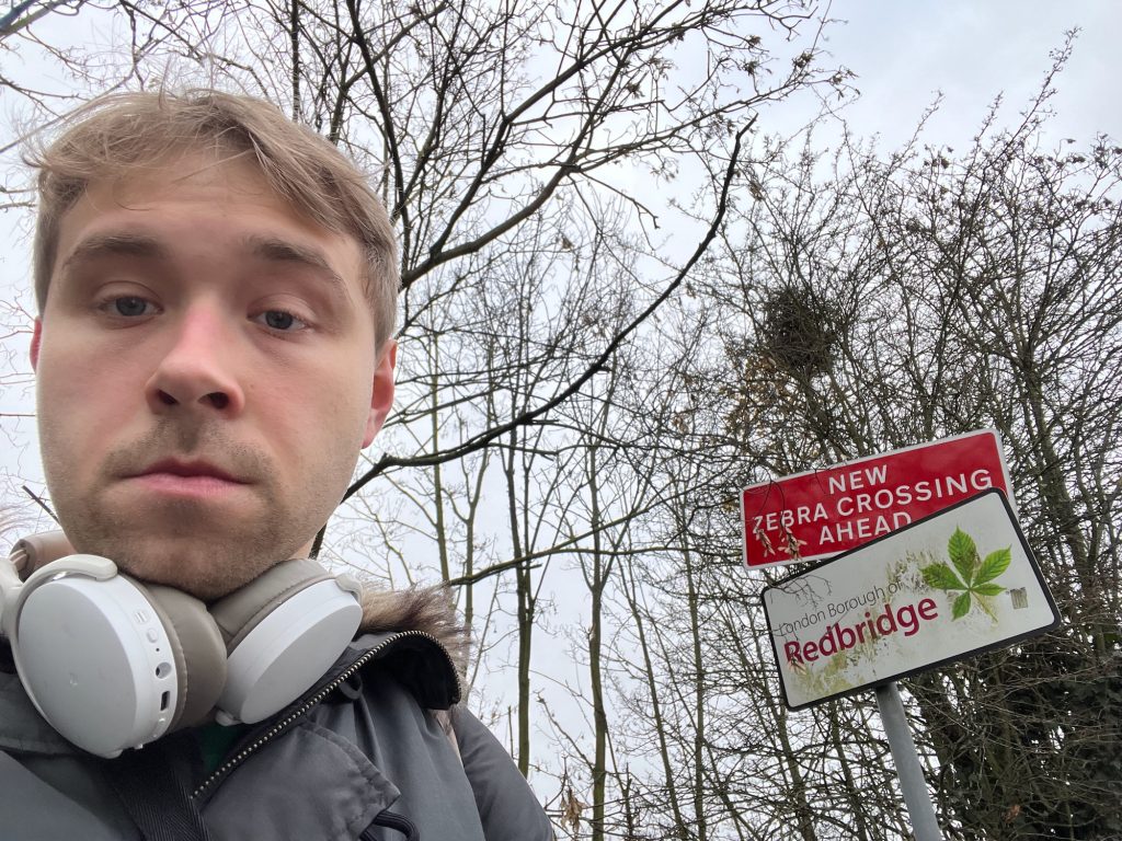 The blog's author, standing next to a grey signpost carrying two rectangular signs with rounded corners. The upper sign is red, with a white border, and says "New zebra crossing ahead" in white. The lower sign is white, with a black border; it says "London Borough of REDBRIDGE", with the word "Redbridge" in red and the rest in black. To the right of this is an image of five leaves of a horse chestnut tree radiating from the same point on a stem. Behind the person and the sign is a row of bare trees, one of which has a cluster of sticks indicative of a bird's nest. The sky is full of white clouds.